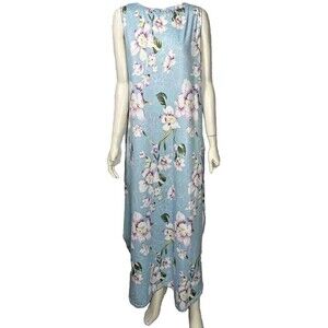 Hount Maxi Dress Blue Floral Tank Large Pockets Side Slits Stretch Sundress‎